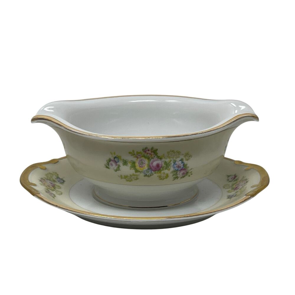 Vintage Floral Design Gravy Boat with Gold Trim and Attached Saucer Japan